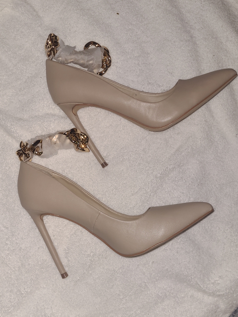 Nude Pointed-Toe Stiletto Pumps with Gold Ankle Chain Strap